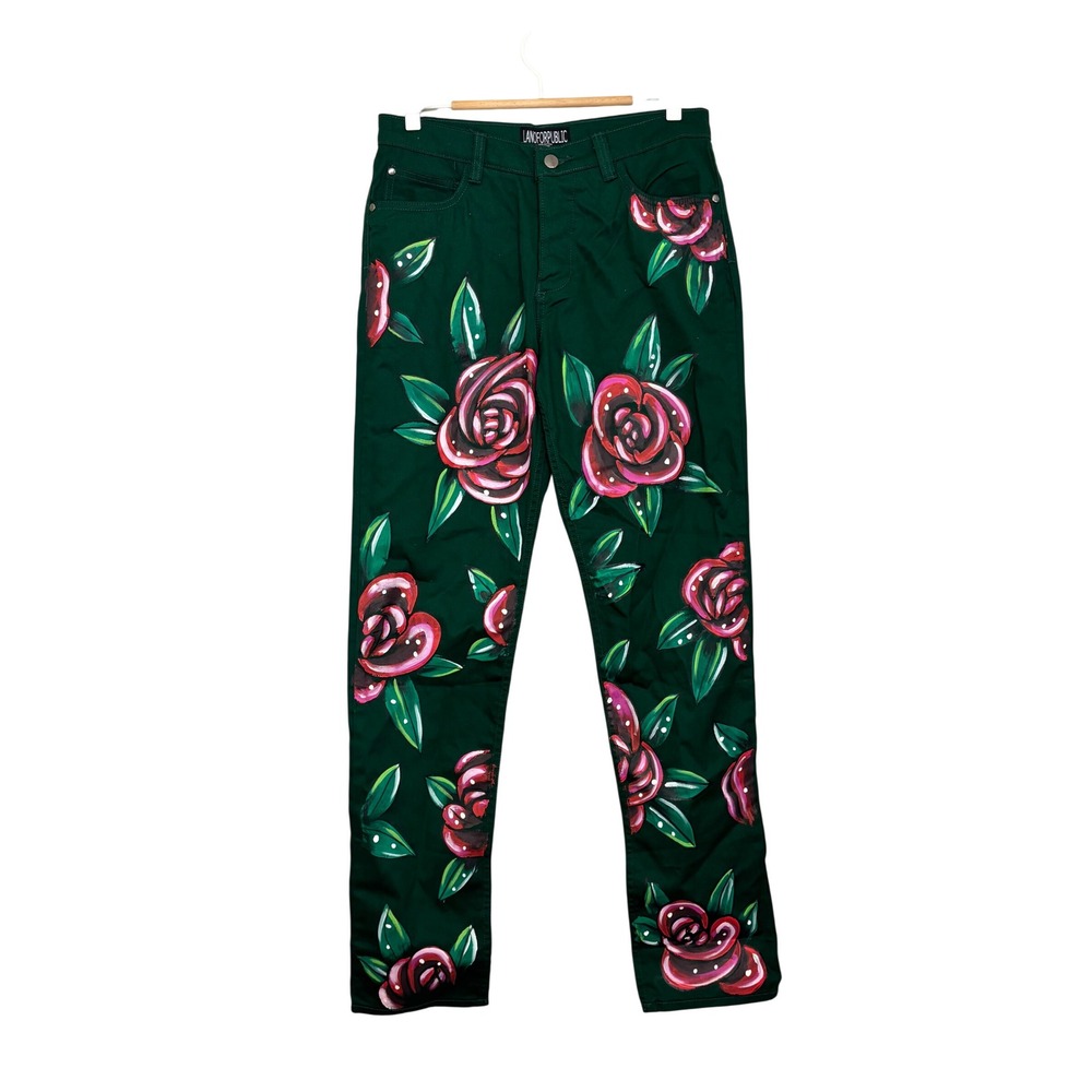 LANOFORPUBLIC‎ Green Hand Painted Rose Floral Cotton Pants Size L No.20